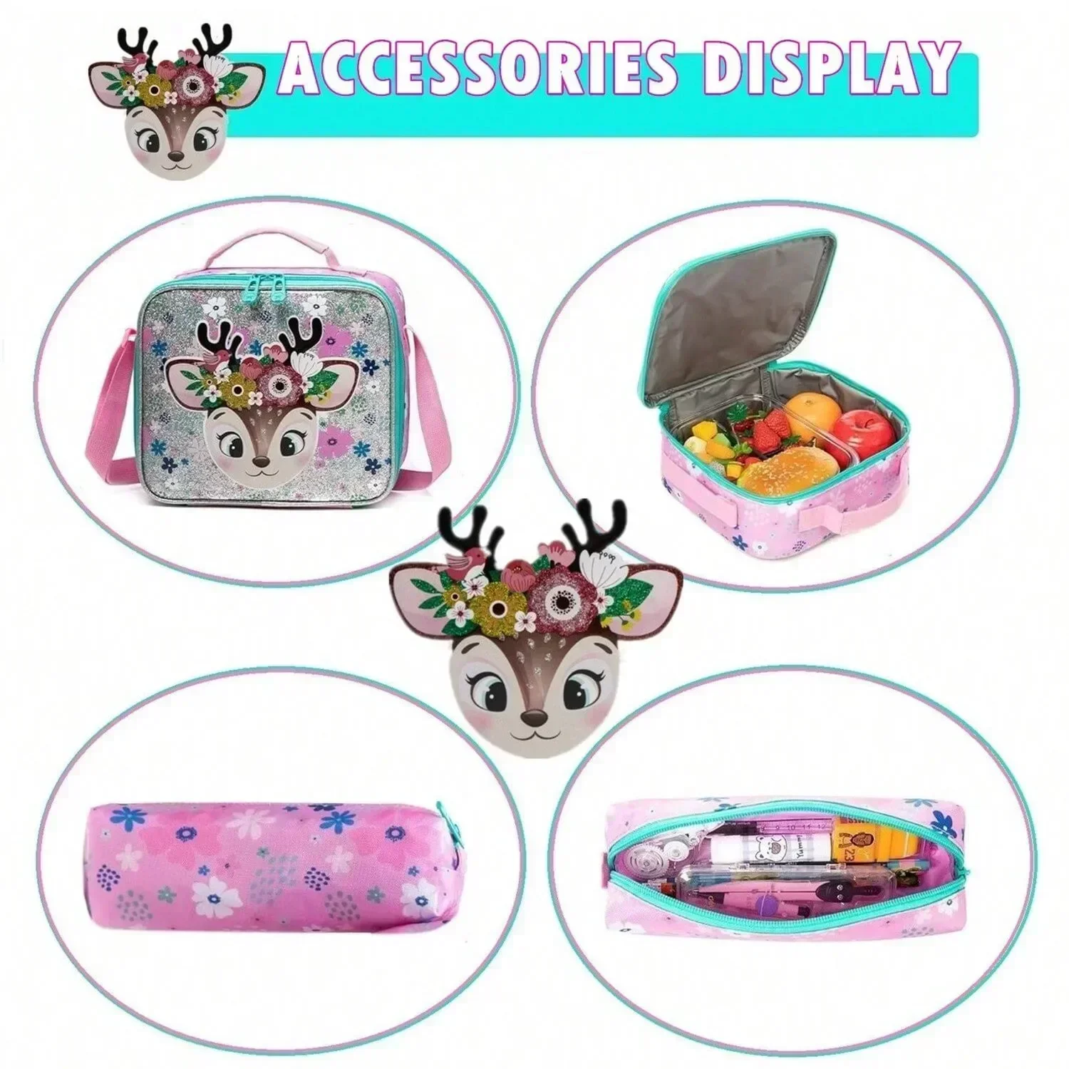 3PCS Cute School Bags for Girls Kids Backpack Set with Lunch Box Pencil Case Back To School Bookbag for Elementary Students 6