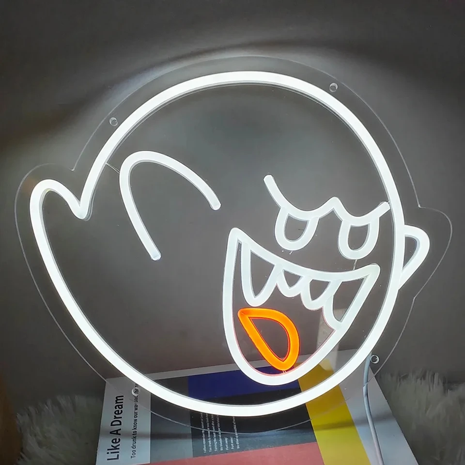 Halloween Boo Neon Sign for Wall Decor Ghost Face Led Sign Animated Looks Like The Ghost Was Eaten Bat Witch Hat Ghost Neon Light Up Sign for Window Bar Horror Halloween