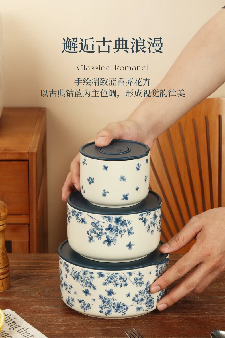 SOLECASA Elegant Blue Underglaze Ceramic Lunch Box, Airtight and Leak-Proof for Office, Picnic, and Meal Prep