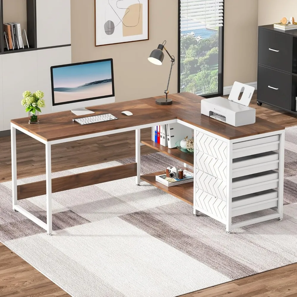 L Shaped Computer Desk with Storage Drawers, 59 inch Corner Desk with Shelves, Reversible L-Shaped Office Desk Study 3