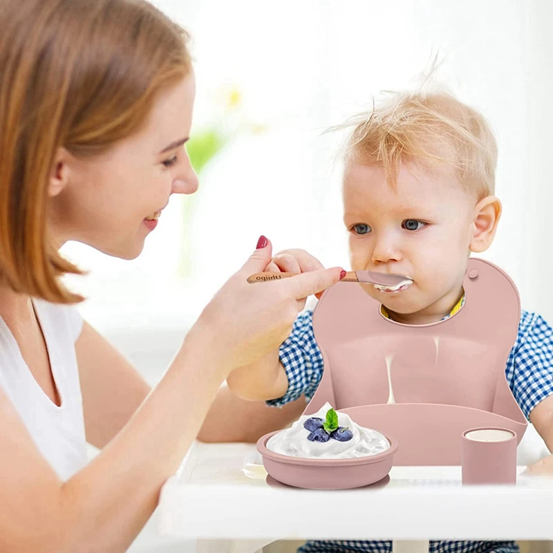 Baby Feeding Set,silicone Divided Plate With Suction,adjustable Bib