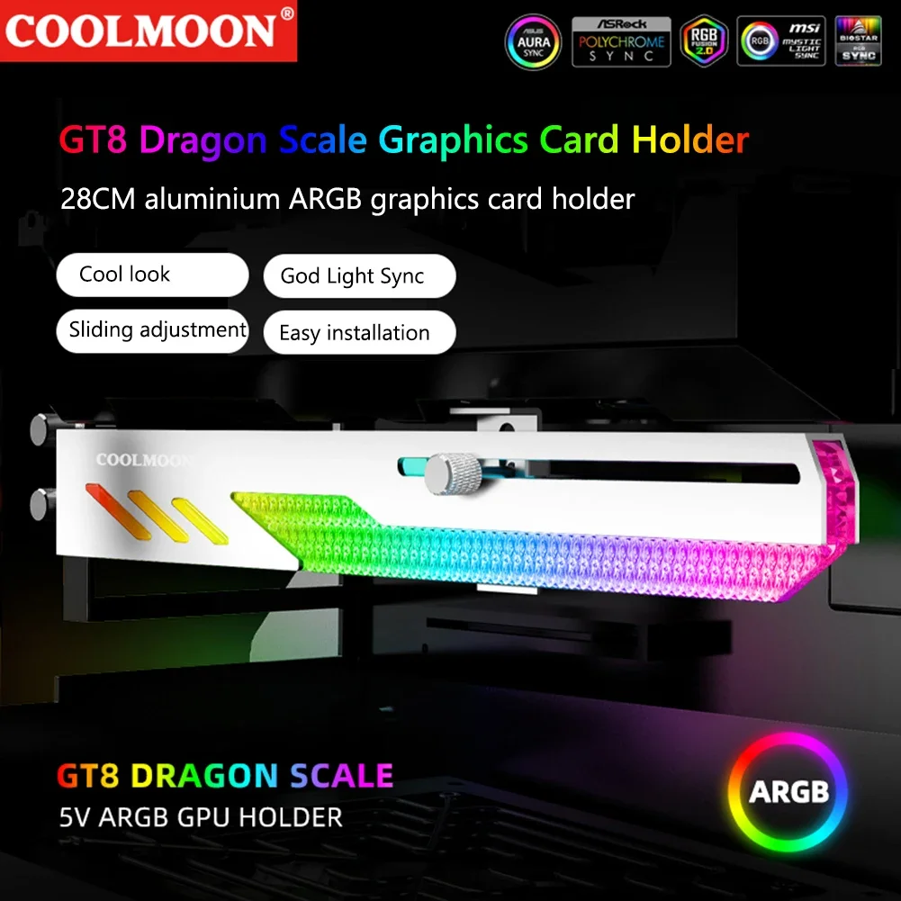 COOLMOON GT8 Graphics Card Bracket Horizontal GPU Support 5V ARGB Holder Computer Video Card Stand for ASUS/ASRock Motherboards 3