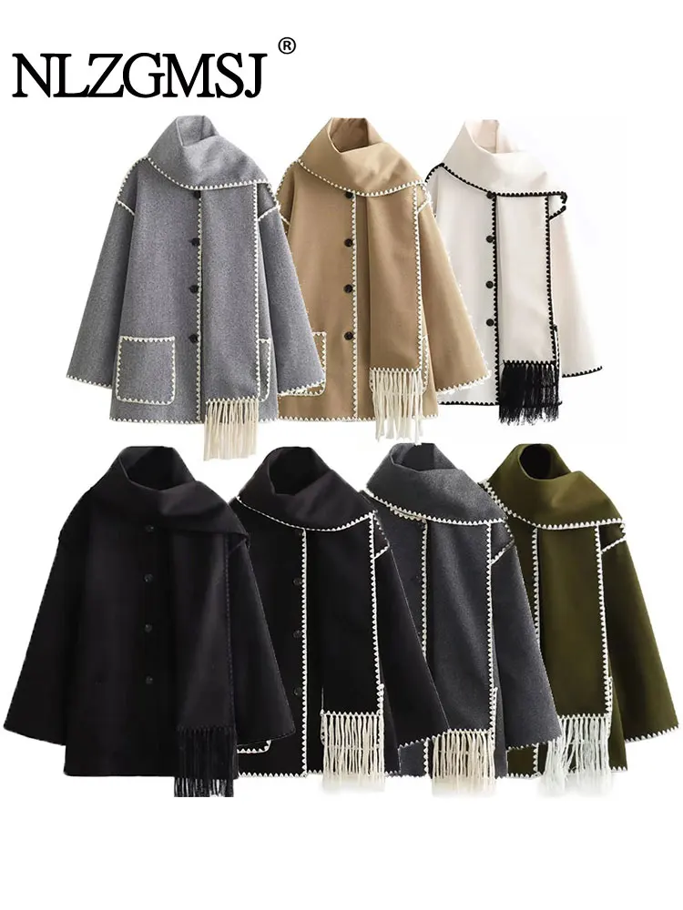 

TRAF 2023 Autumn Winter Oversize Women Trench Coat Long Sleeve Loose Jacket Female Windbreaker With Scarf