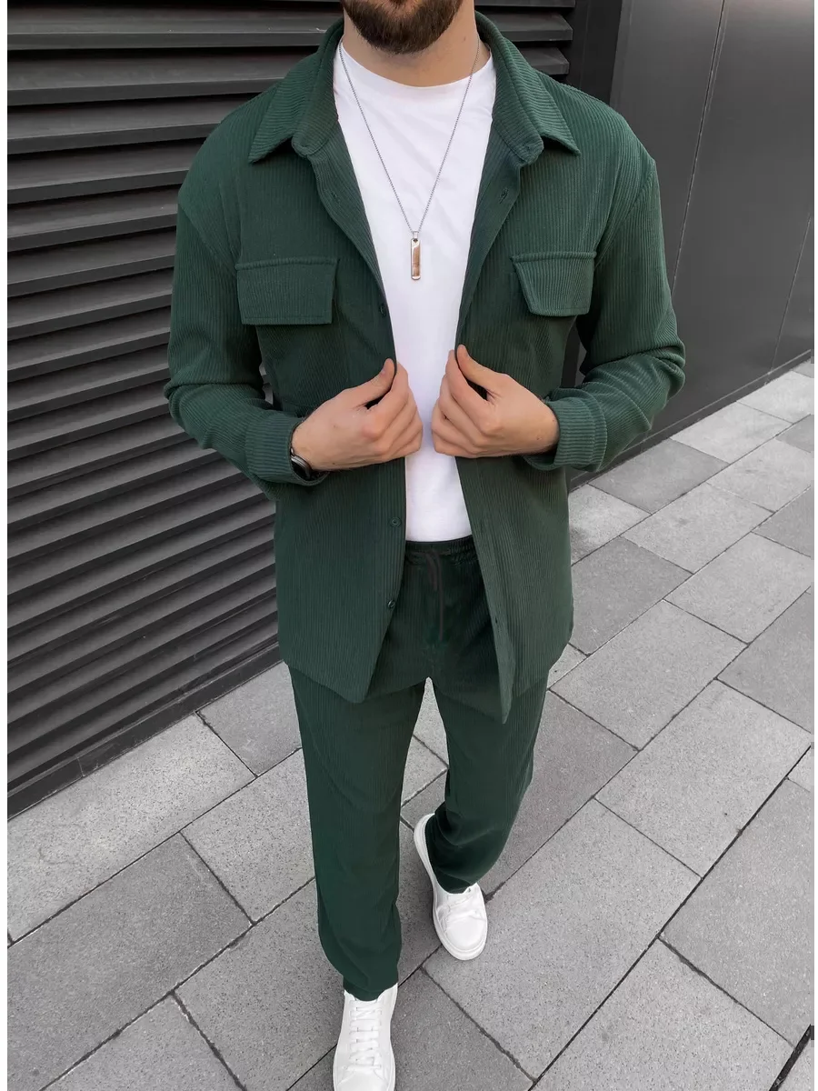 2025 Men's simple new front buckle lapel double pocket long sleeve two-piece casual sports solid color striped fashion comfortab 6