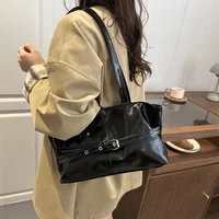 New Fashionable Versatile Belt Buckle Handbag Korean Style Solid Color Soft Leather Women’s Casual Shoulder Bag Underarm Bag