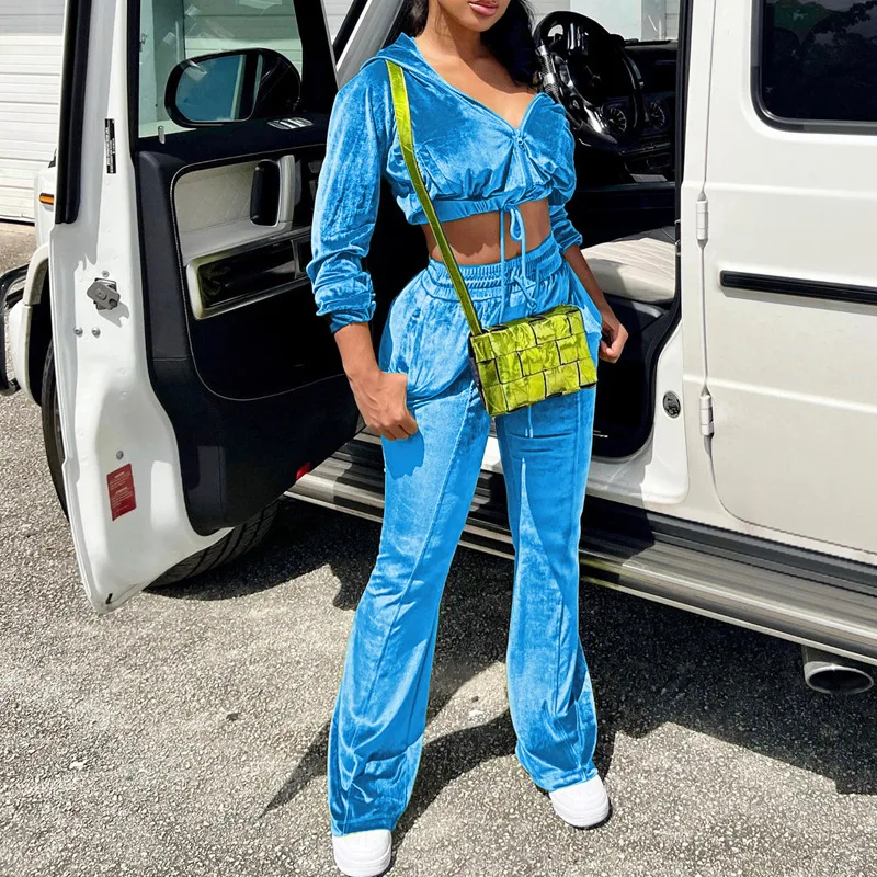 

2022 Autumn Women's New Fashion Lapel Velvet Drawstring Short Sweater Pants Suit