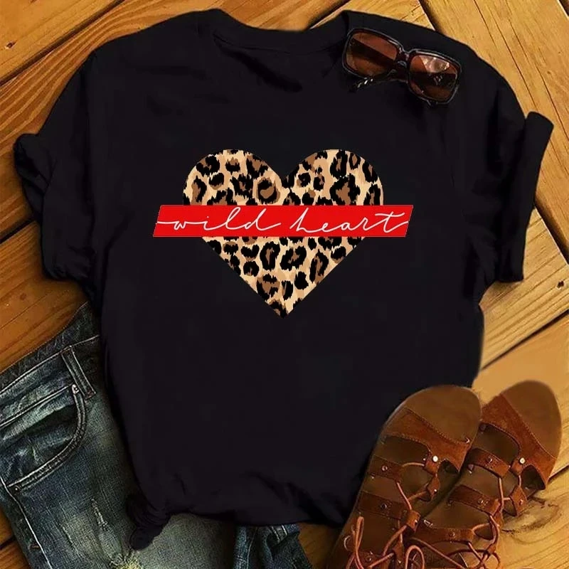 

100% Cotton Leopard Heart Print T-shirt Leopard Print Love Lips Print Black Short Sleeve T-shirt for Women Aesthetic Clothes Tee