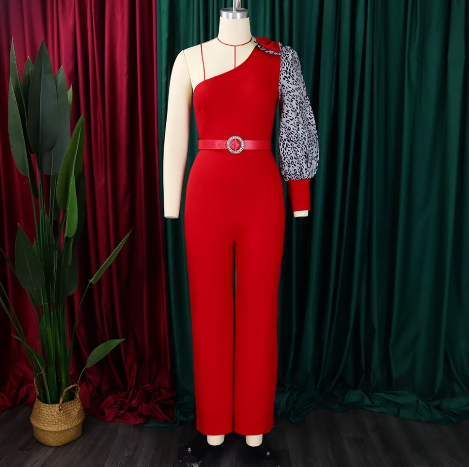 Women's High Waist Jumpsuit 2024 Early Spring Latest Elegant Style Diagonal Shoulder Sexy Waist Wide Leg Bubble Sleeps Romper