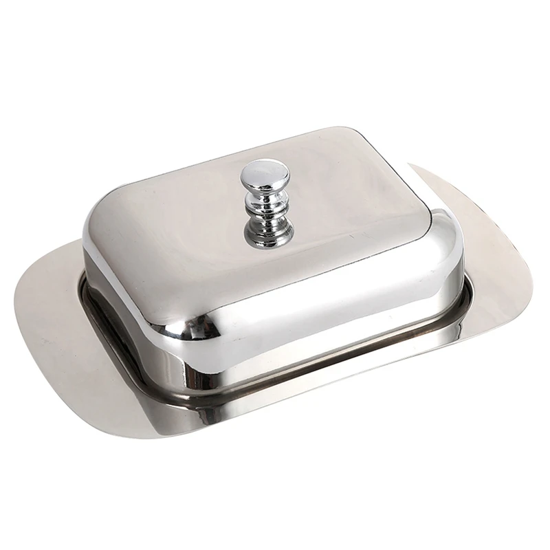 Stainless Steel Butter Dish Box Container Shiny Cheese Server Storage Keeper Tray with Easy to Hold Lid butter