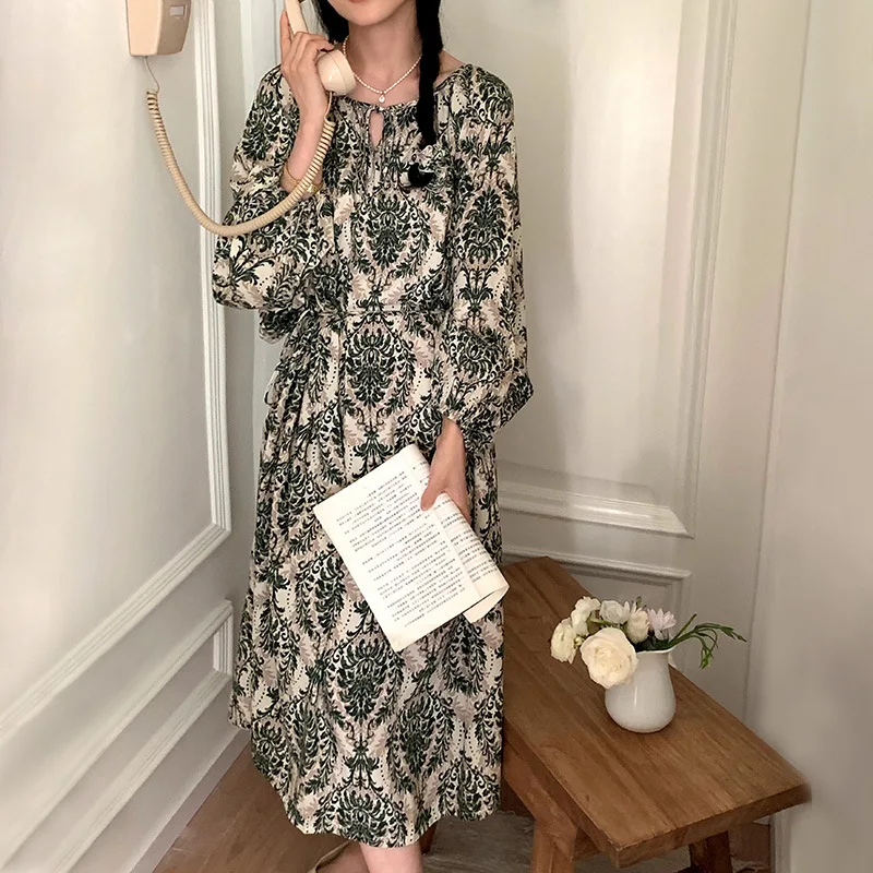 Female Bohemian Dresses Round Neck Long Sleeved Pajamas Floral Print Longuette Women's Clothing Thin Loose Cotton Silk Home Wea