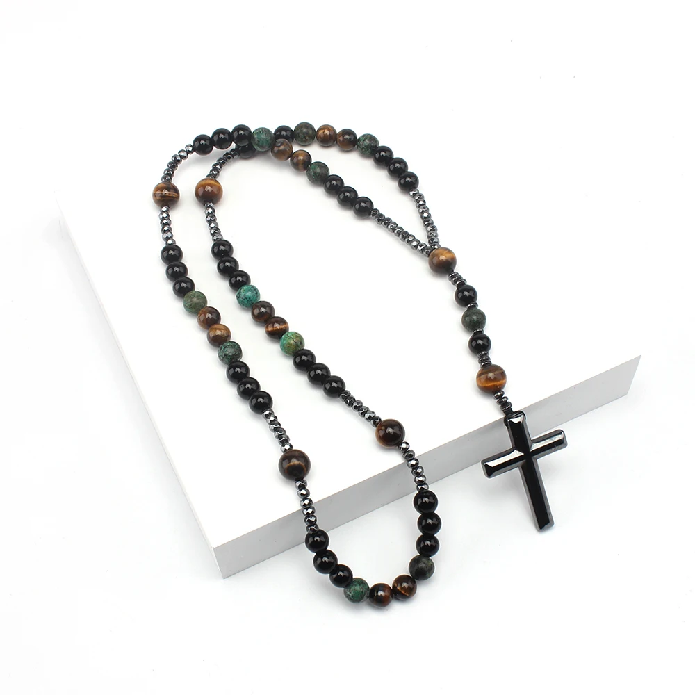 Natural Stone Africa Turquoise and Tiger-eye Beads Cross Pendant Necklace Rosary Men Women