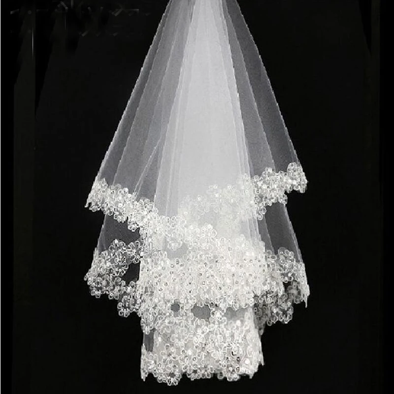 

White Lace Edge White Tulle Bridal Wedding Veils One Tier Beaded 120cm Bride Veils Wedding Accessory 2022