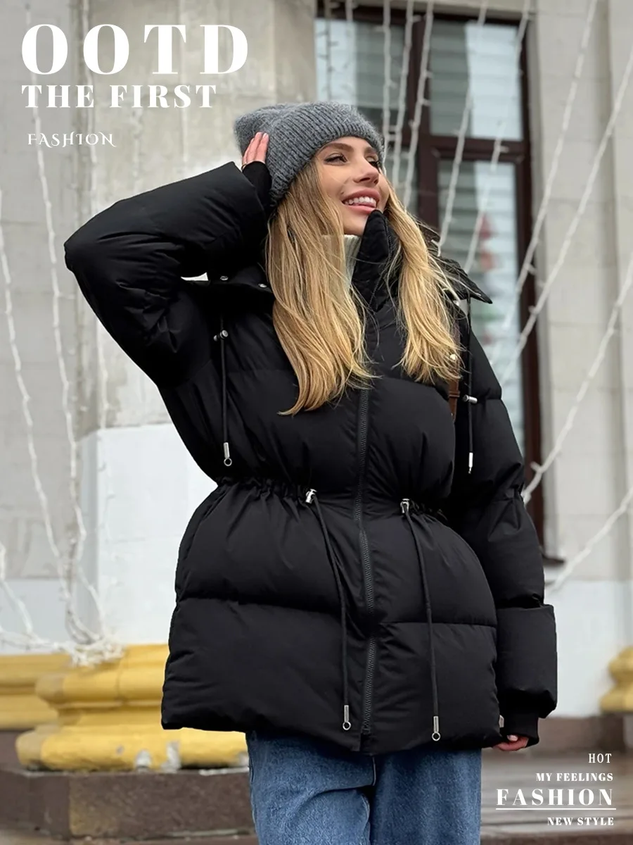Wolfeel Women's New Winter Hooded Parkas Mid Length Cotton Padded Jacket Drawstring Waist Slimming Outerwear