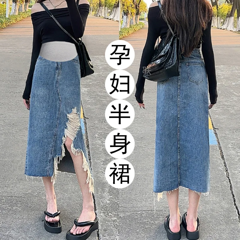 

Irregular Ripped Hole Washed Denim Maternity Skirts Retro Slim A Line Clothes for Pregnant Women Pregnancy Jeans Streetwear Hot