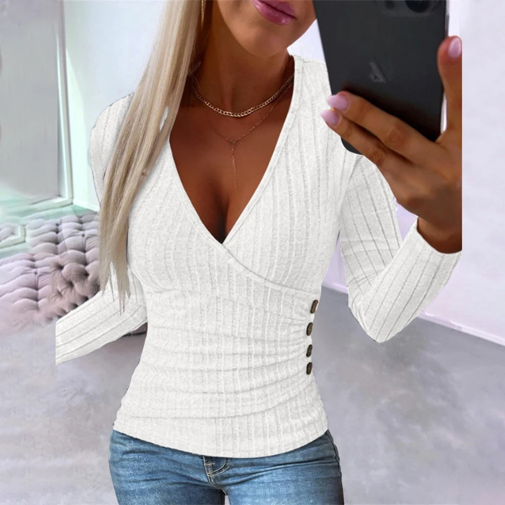 Women's Autumn Ribbed V Neck Wrap Tops Elegant Ladies Slim Long Sleeve Pullover Jumper T-Shirt Clothing 2023