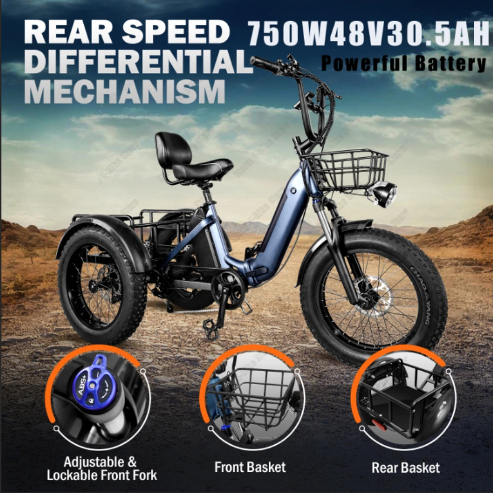 Electric Tricycle 750W Powerful Motor 48V 30.5AH Large Capacity Dual Batteries, Load-Bearing 210kg Transport Electric Tricycle