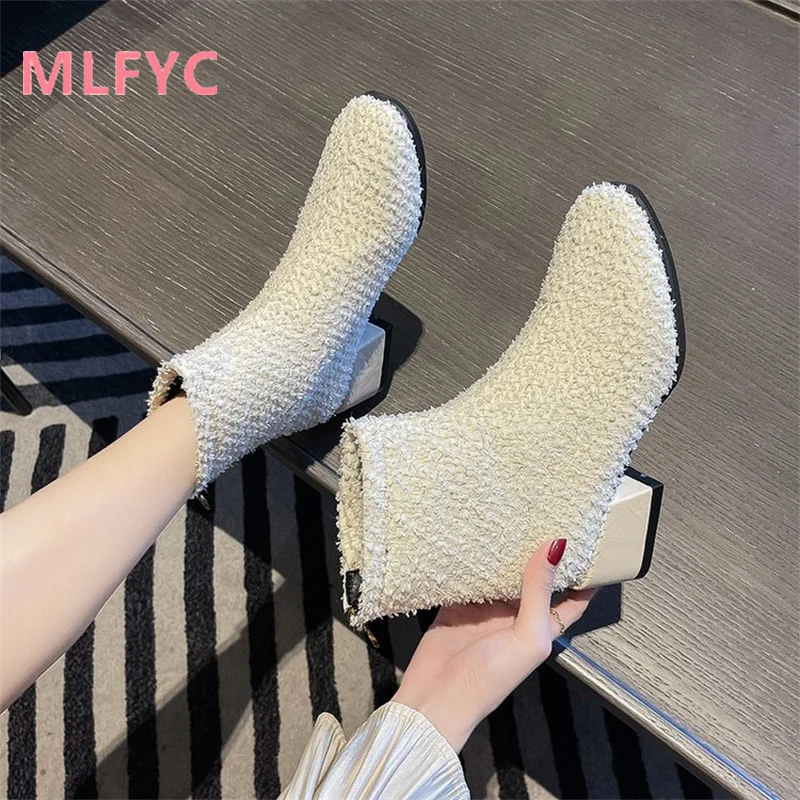 Short Boots female Winter New Suede Round Head Boots Thick Heel Fashion British High Heel Boots ankle boots for women