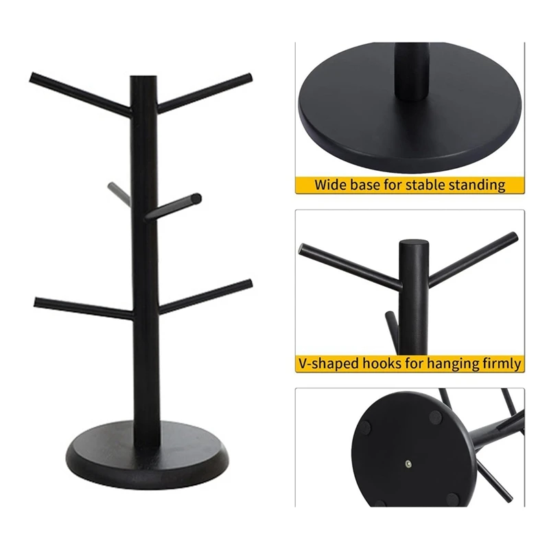 VEHO-Bamboo Coffee Cup Holder With 6 Hooks, Thickened Base Black Mug Tree, Counter Storage Rack