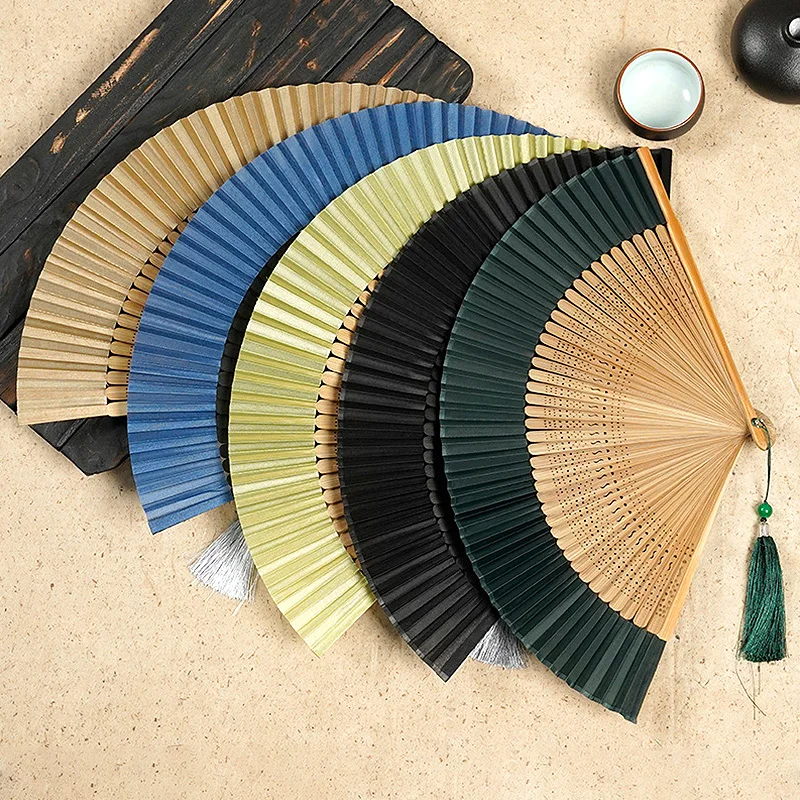 Folding Fan Retro Japanese Style Classical Wooden Shank Hand Held Tessel Female Party Dance Gift Home Decor