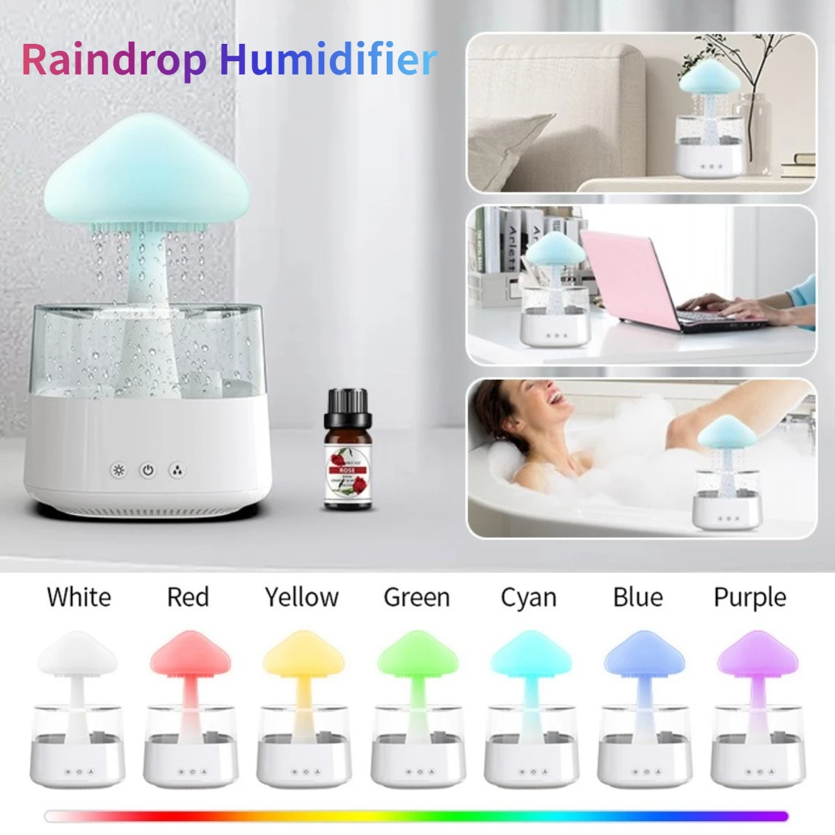 

450ml Raindrop Humidifier Portable USB Aroma Diffuser With Cool Mist Mushroom Rain Cloud Night Light Purifier Home Mist Maker