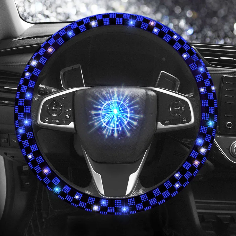 Women Bling Crystal Diamond Car Interior Decoration Accessorie Blue Rhinestone Car Steering Wheel Covers Universal For Most Mode