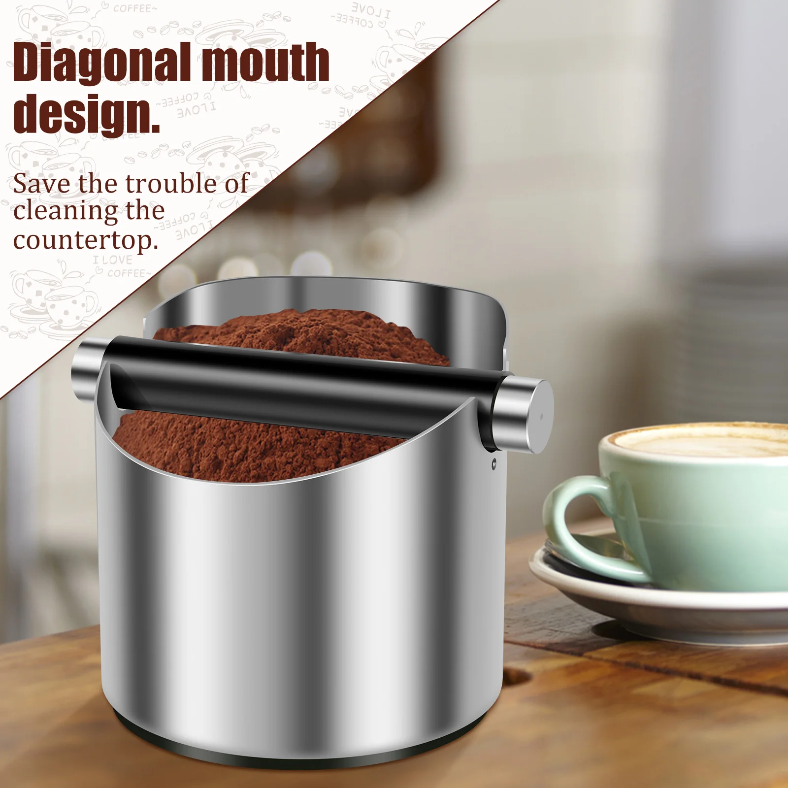 Coffee Knock Box Stainless Steel Espresso Knock Box Non Slip Coffee Ground Knock Box with Rubber Ring Beveled Coffee Ground Bin