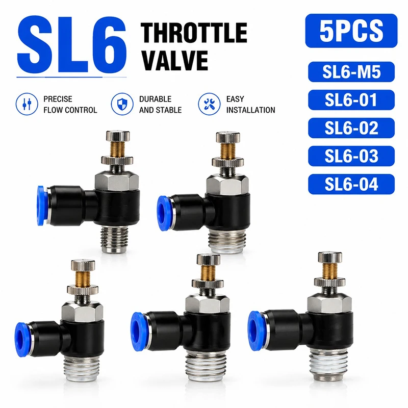 5PCS SL Type Pneumatic Speed Regulating Valve  6mm Tube M5 1/8" 1/4" 3/8" 1/2" Thread Throttle Fitting Air Hose Quick Connectors 1