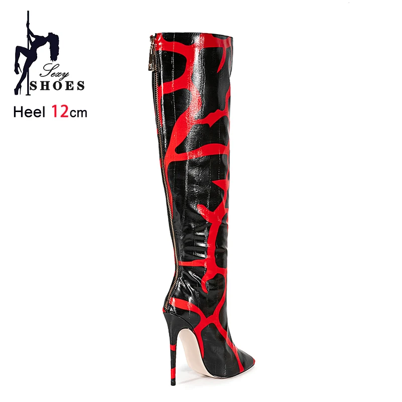 12CM Thin Heel Pointed Toe Long Boots Women Black Red Mixed color Fashion Autumn Shoes Plus Size 45 46 47 Winter Knee High Boots