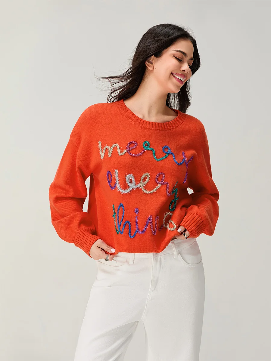 Women s Winter Holiday Striped Sweaters Cozy Knit Pullover Long Sleeve Round Neck Jumper Tops with Snowflake Embroidery