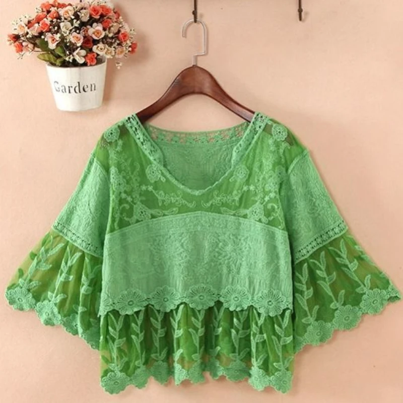 

Женская летняя футболка, повседневные прозрачные сетчатые женские укороченные топы с открытой передней частью, облегающие футболки с расклешенным рукавом и V-образным вырезом, винтажные Топы Q461