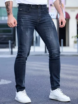 2025 Spring Autumn Men's Fashion Ripped Skinny Jeans Street Style Vintage Wash Solid Denim Casual Slim Fit Pencil Pants 28-36 1
