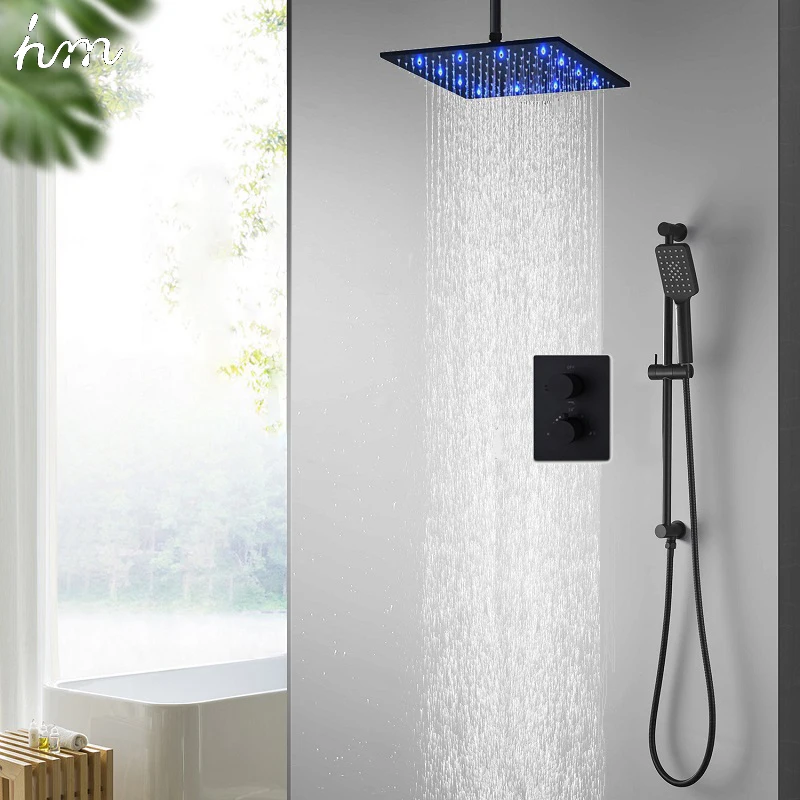 hm Modern Ceiling LED Shower System Bathroom Thermostatic Rain Showerhead With Slide Bar Black Faucets Set