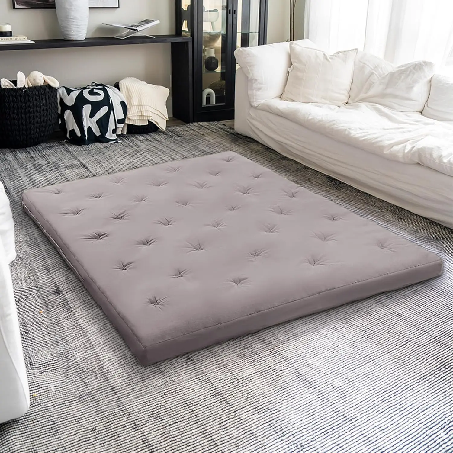 Queen Japanese Floor Futon 60 &ldquo;x80&rdquo;, Cotton 4'' Thickened Tatami Mattress, Adult Rollaway Floor Lounger (Gray)