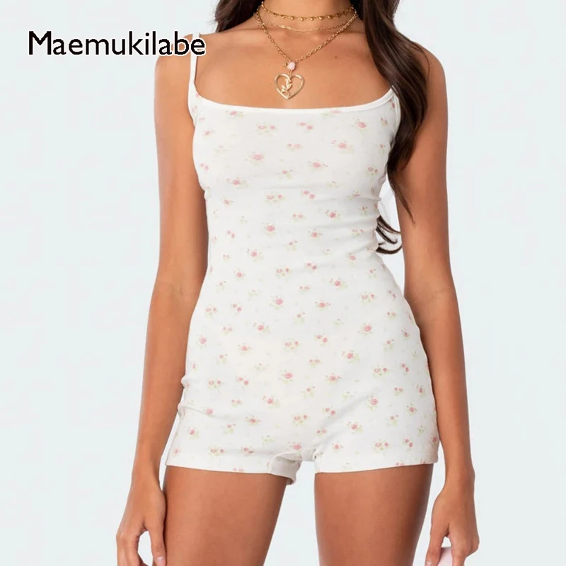 

Maemukilabe Floral Print Playsuit Pajamas Summer Slim Fit Rompers Overalls Women Backless Tie Up Bodysuit Female Sleepwear