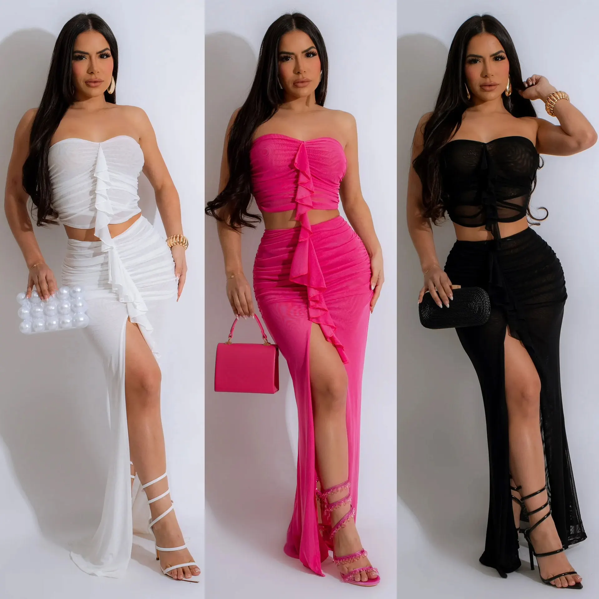 Ruffle Dress Sexy 2 Piece Skirt Sets 2024 Women Summer Clothes Pleat Dress Elegant Luxury Two Piece Skirt Sets Outfits