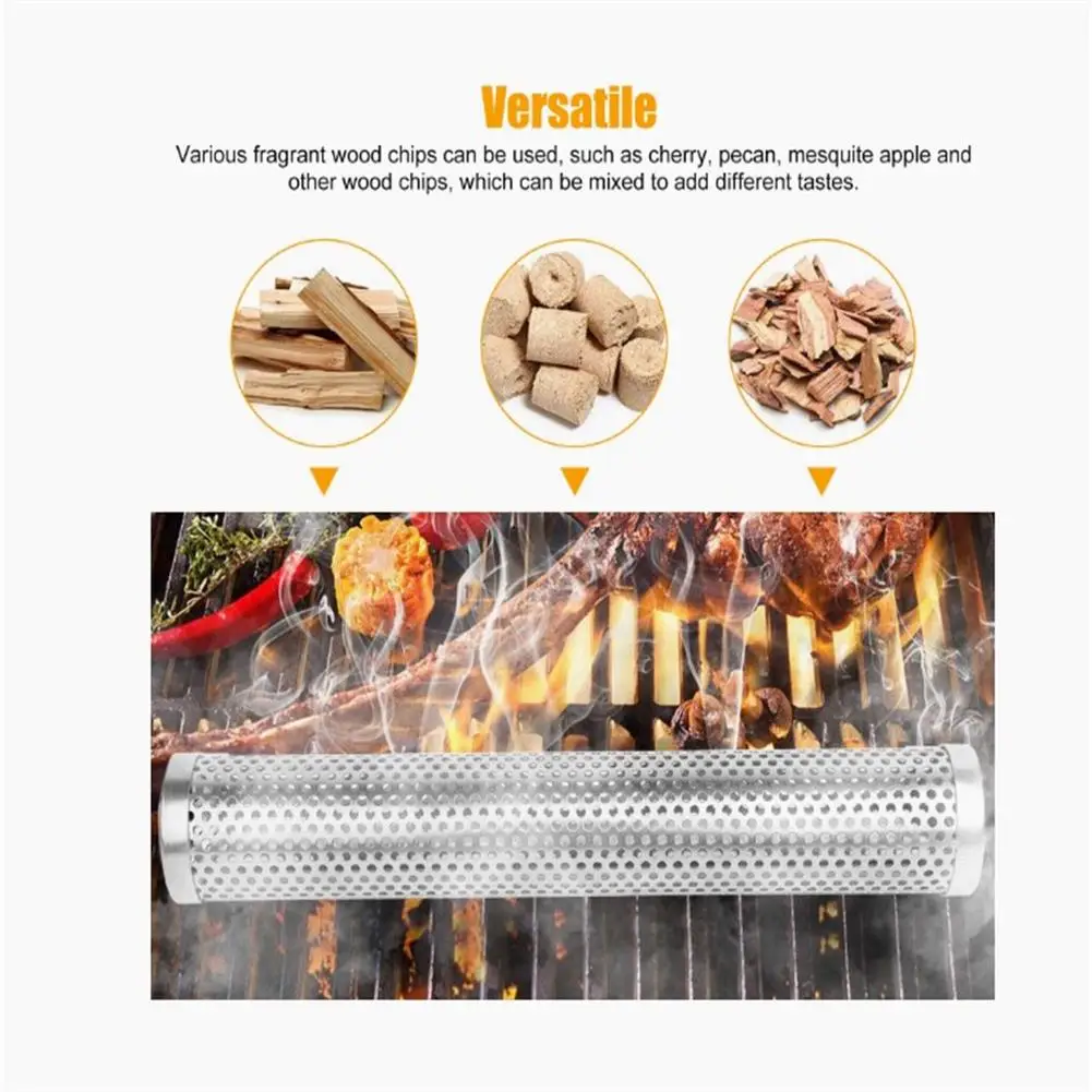 BBQ Grill Smoker Box Tube Pipe Densed Ventilation Hole Multi-purpose 304 Stainless Steel For Meat Smoking Accessories Tools