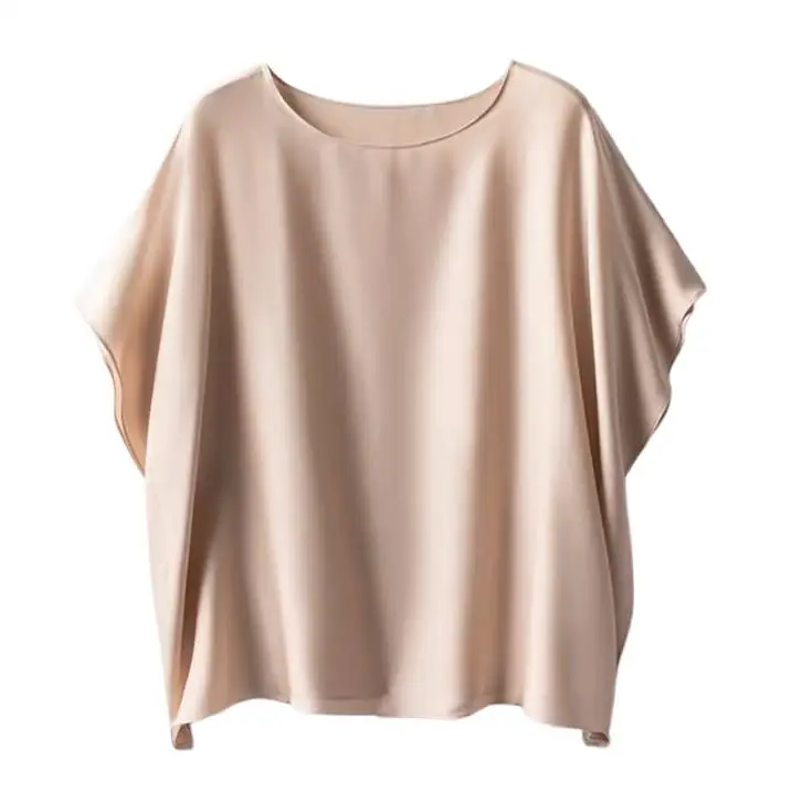 

2024 New Satin Summer Top Solid Color Casual Women's Plus Size T-shirt Bat Sleeve Design Feel Loose and Comfortable Short Sleeve