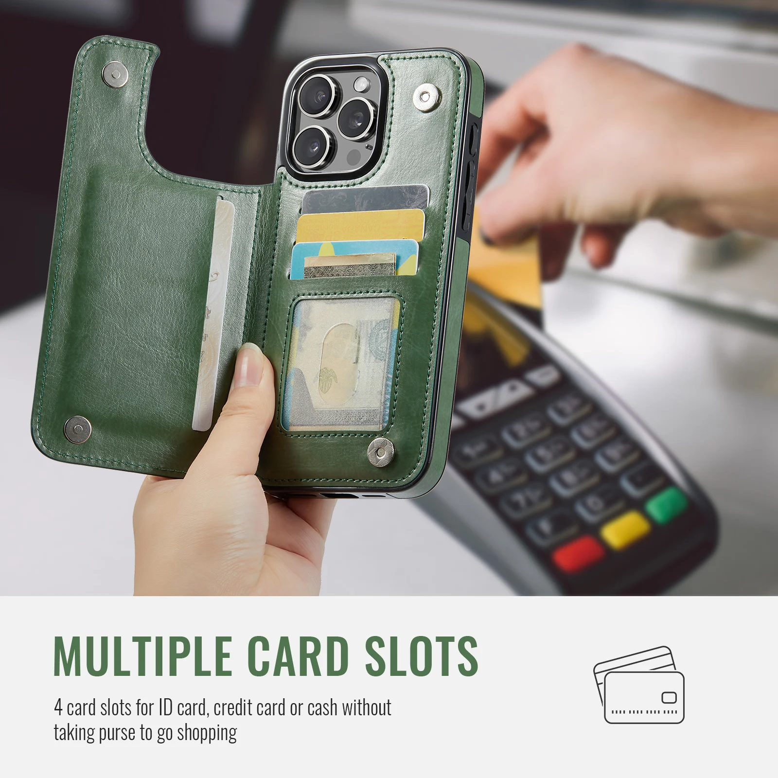 Premium PU Leather Wallet Case with Card Holder & Kickstand, Double Magnetic Clasp