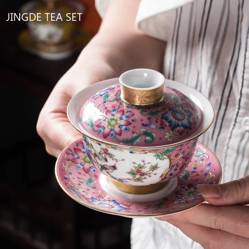 Jingdezhen Enamel Color Ceramic Gaiwan Chinese Tea Set Sancai Tea Bowl Portable with Cover Teacup Household Teaware