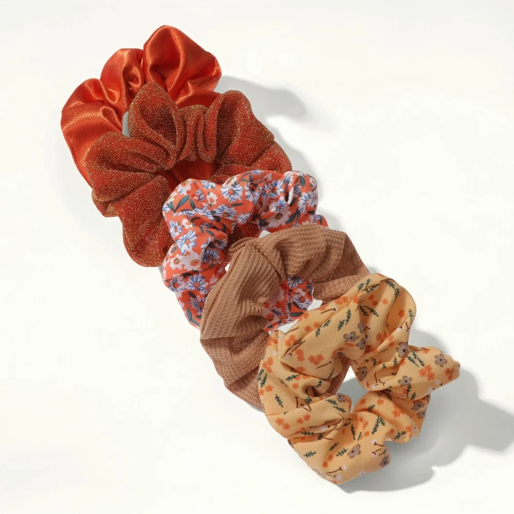 Floral & Leopard Print Hair Scrunchies Set - Pack of 5, No-Crease Elastic Ponytail Holders in Pink & Purple