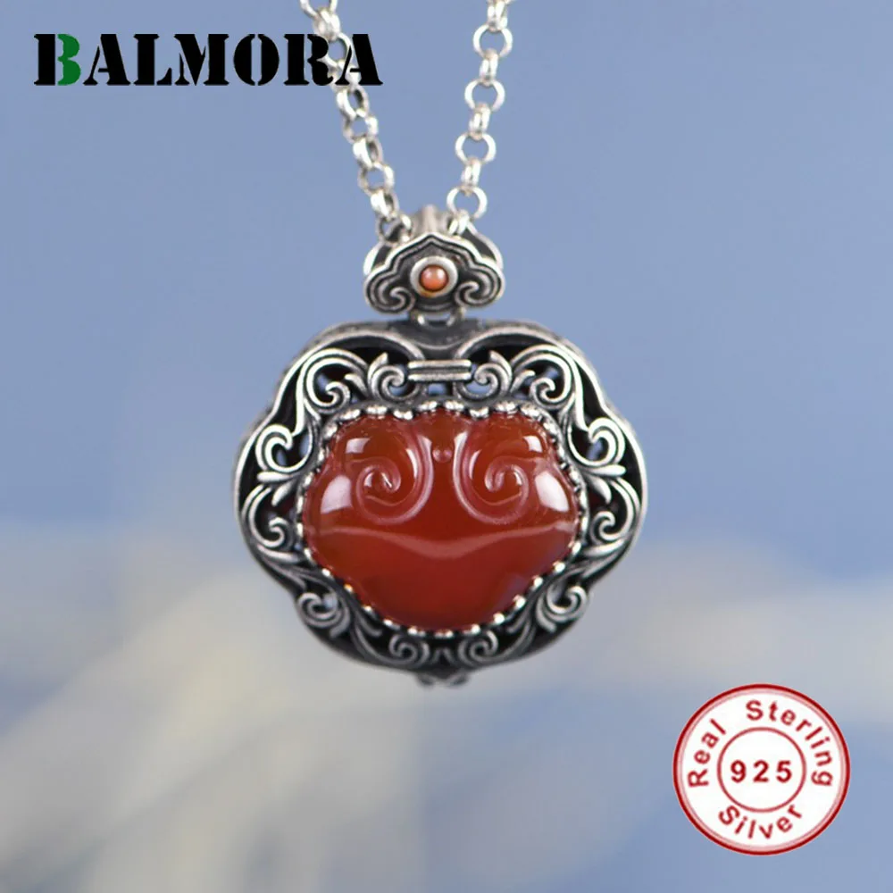 

BALMORA S925 Silver Trendy Agate Lucky Pendant Necklaces For Women Girl Fashion Vintage Hollow Sachet Pendant Jewelry Gift