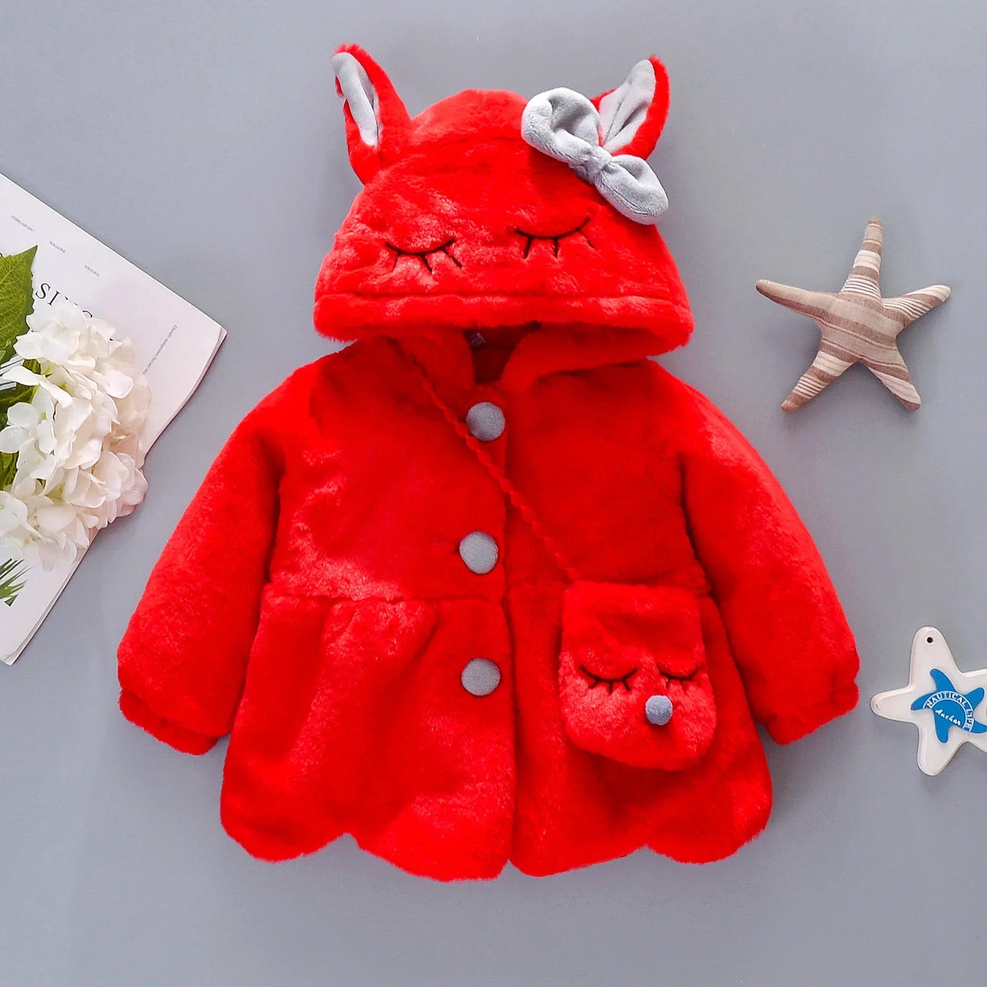 (0-3 Years Old) New Winter Girls' Coat Furry Corduroy Skew Furry Bag Bunny Hooded Cute Button Cape Warm Thick Coat