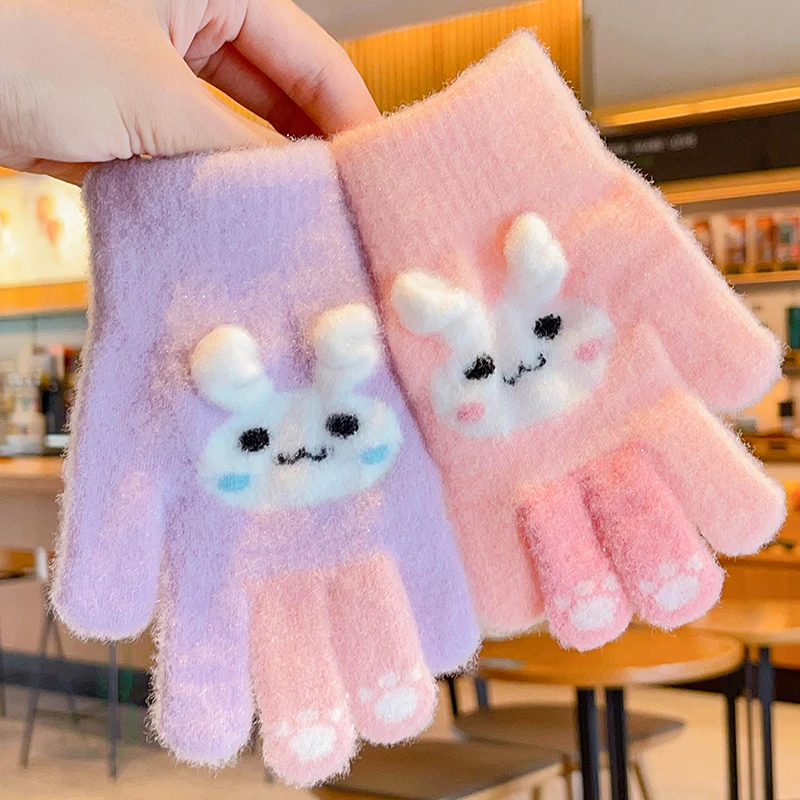 New Children Colors Winter Cute Rabbit Knitting Soft Five Finger Gloves Boys Girls Outdoor Warm Gloves Kids Glove Mittens