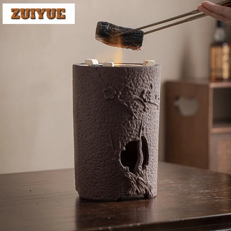 Rock Mud Handmade Tea Warmer Stove Japanese Style Side Handle Pot Warmer Vintage Tea Stove Kettle Stand Ceremony Ornaments