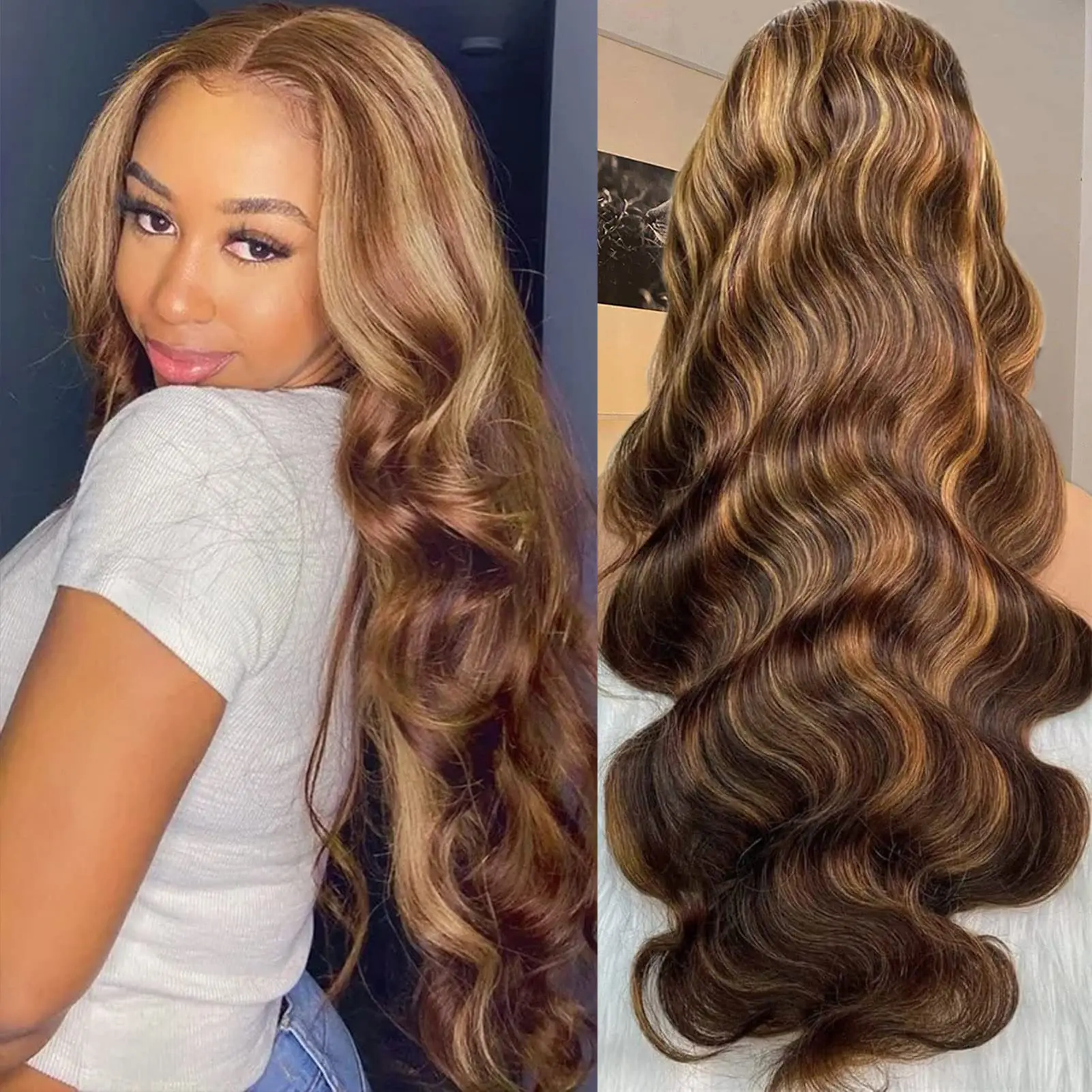 

Highlight 4/27 Piano Ombre Body Wave Glueless 13x6 HD Transparent Lace Front Wig Remy Water Wave 13x4 Human Hair Wigs For Women