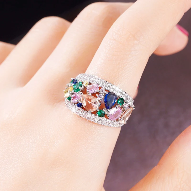Bague Femme En Acier Inoxydable Avec Zirconium Multicolore - Taille 61.5, Largeur 3mm - Gravure Gratuite - Cadeau Anniversaire, Saint-Valentin