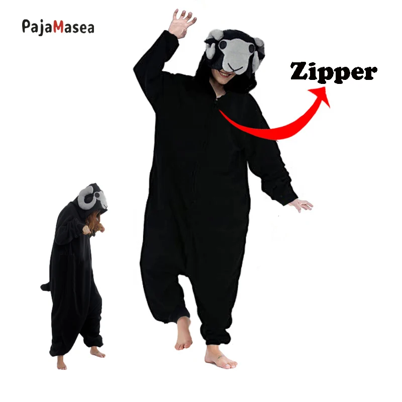 

Zipper Goat Adult Men Woman Onesie Pajama Fleece Cartoon Black Bighorns Cosplay Kigurumi Costumes Jumpsuit Birthday Pijama