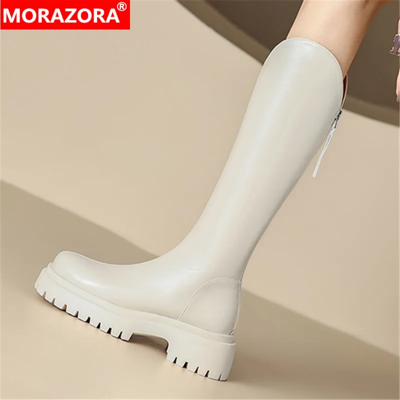 

MORAZORA 2023 New Zipper Knee High Boots Genuine Leather Winter Boots Woman Ladies Square High Heels Platform Shoes