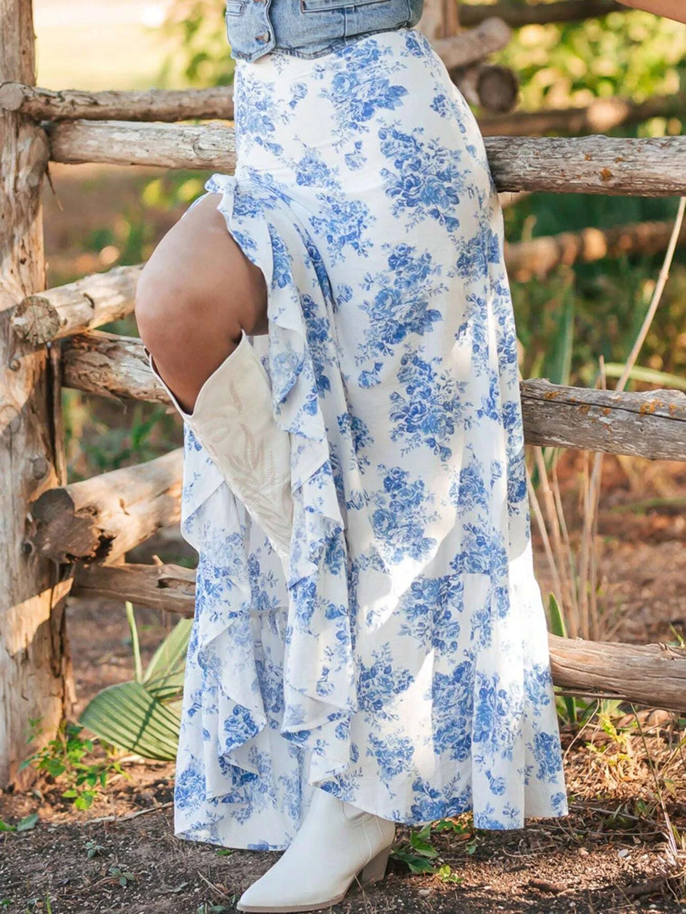 Women's White Blue Floral Maxi Skirt with Ruffled High Slit Bohemian Western Style Ideal for Summer Outings 6