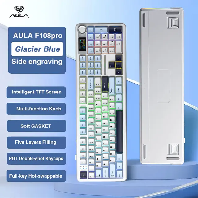 AULA F108 Pro Gaming Mechanical Keyboard Tri Mode Custom Multi-Knob Screen RGB Esports Wireless Keyboard with TFT Smart Display